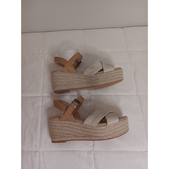Toms Espadrille Wedge Heels Tan Crossover Open Toe Sz 6.5 - Picture 6 of 8